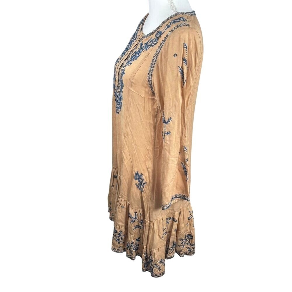 Bohemian Embroidered‎ Dress Sz M Natural Long Sleeve Flowy Relaxed Cottage BOHO - Picture 3 of 11